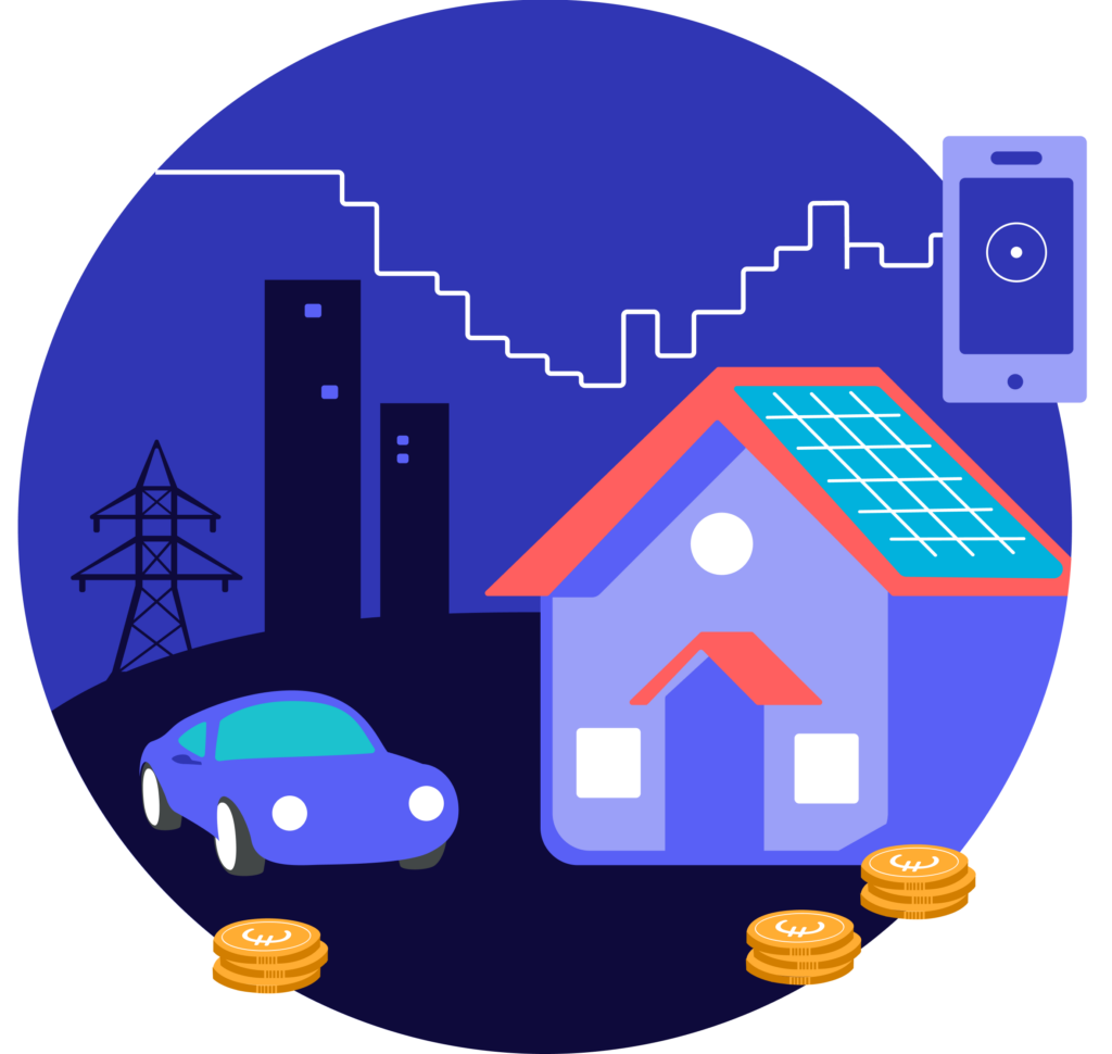 Blue circular cityscape with buildings, a car in the foreground, solar panel and coins suggesting fintech or smart city funding.